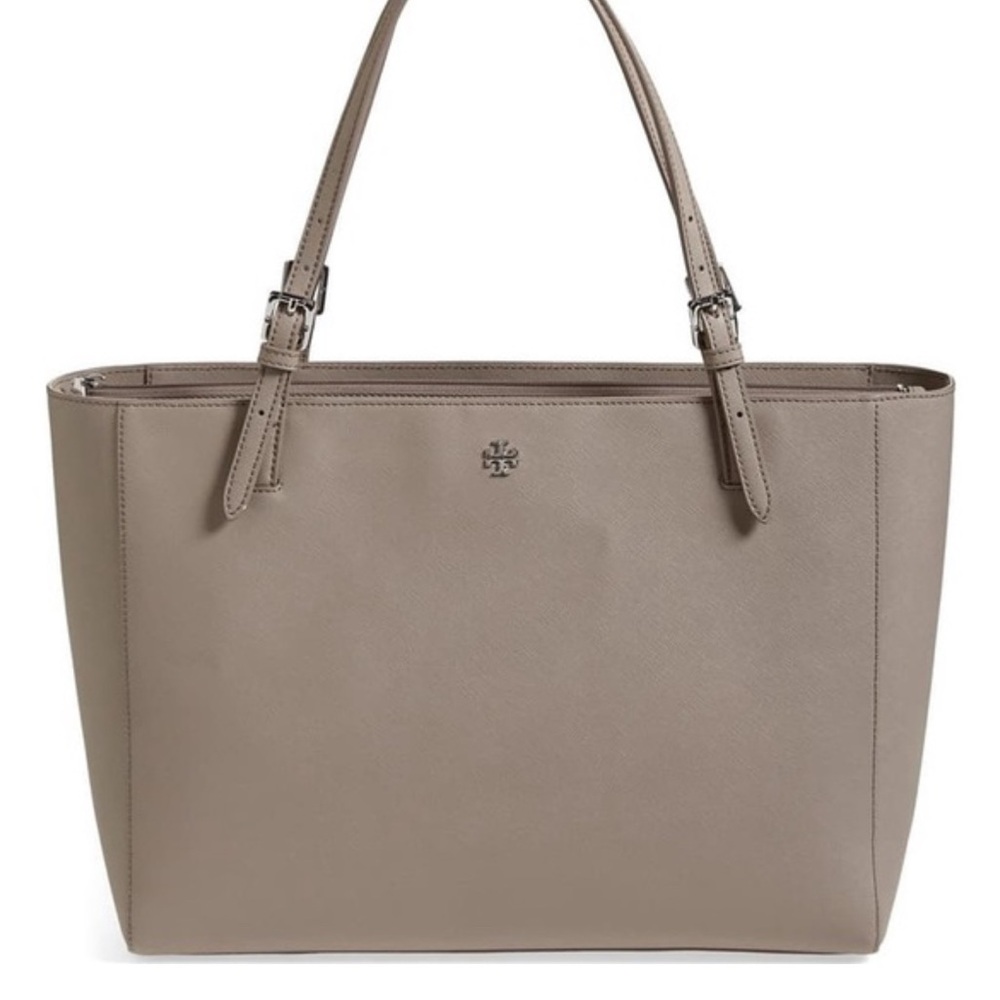 Tory Burch Pale Light Grey Saffiano Leather Buckle Tote